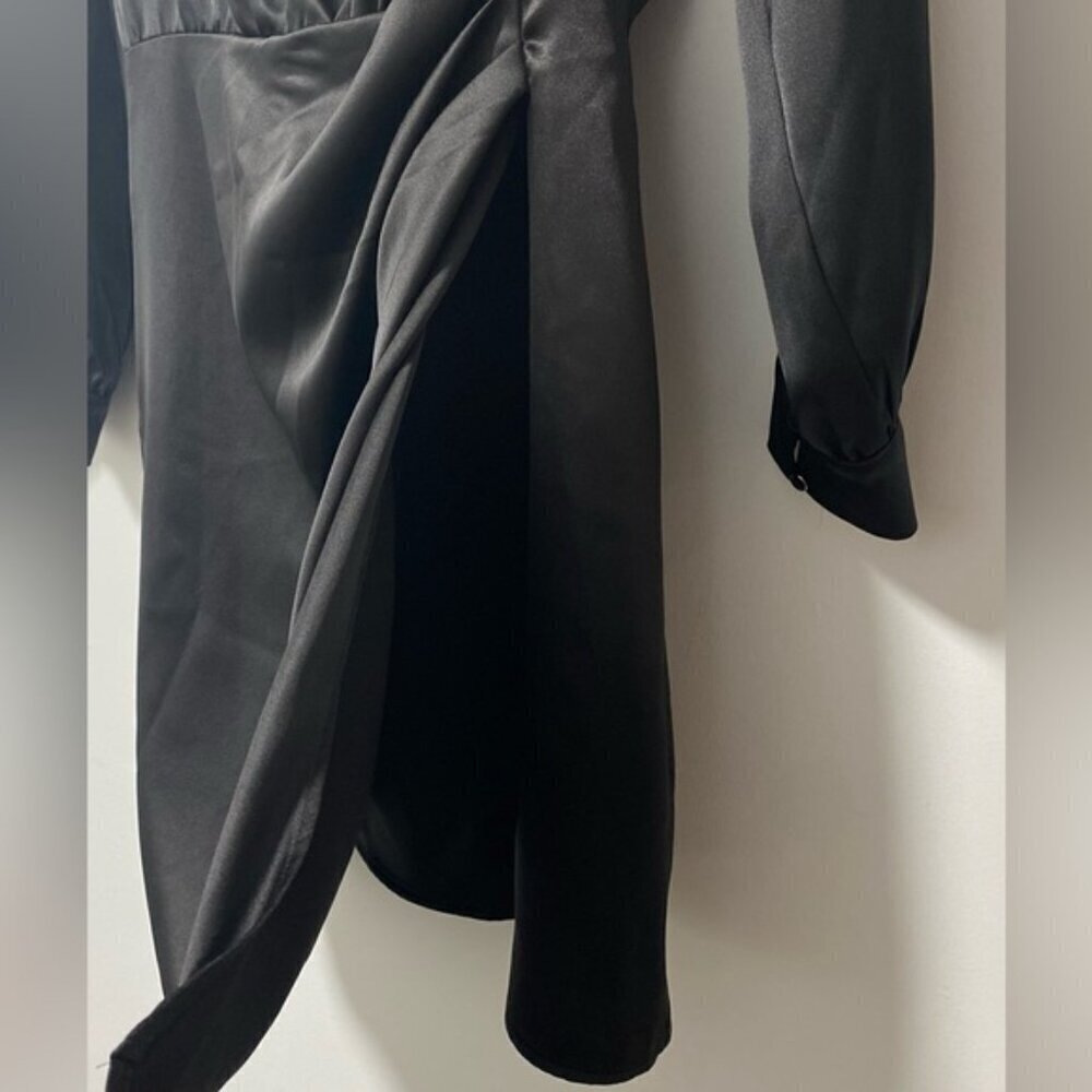 Zara Satin Black Draped Mini Dress Size XS — Gathered Waist Detail - Picture 6 of 9
